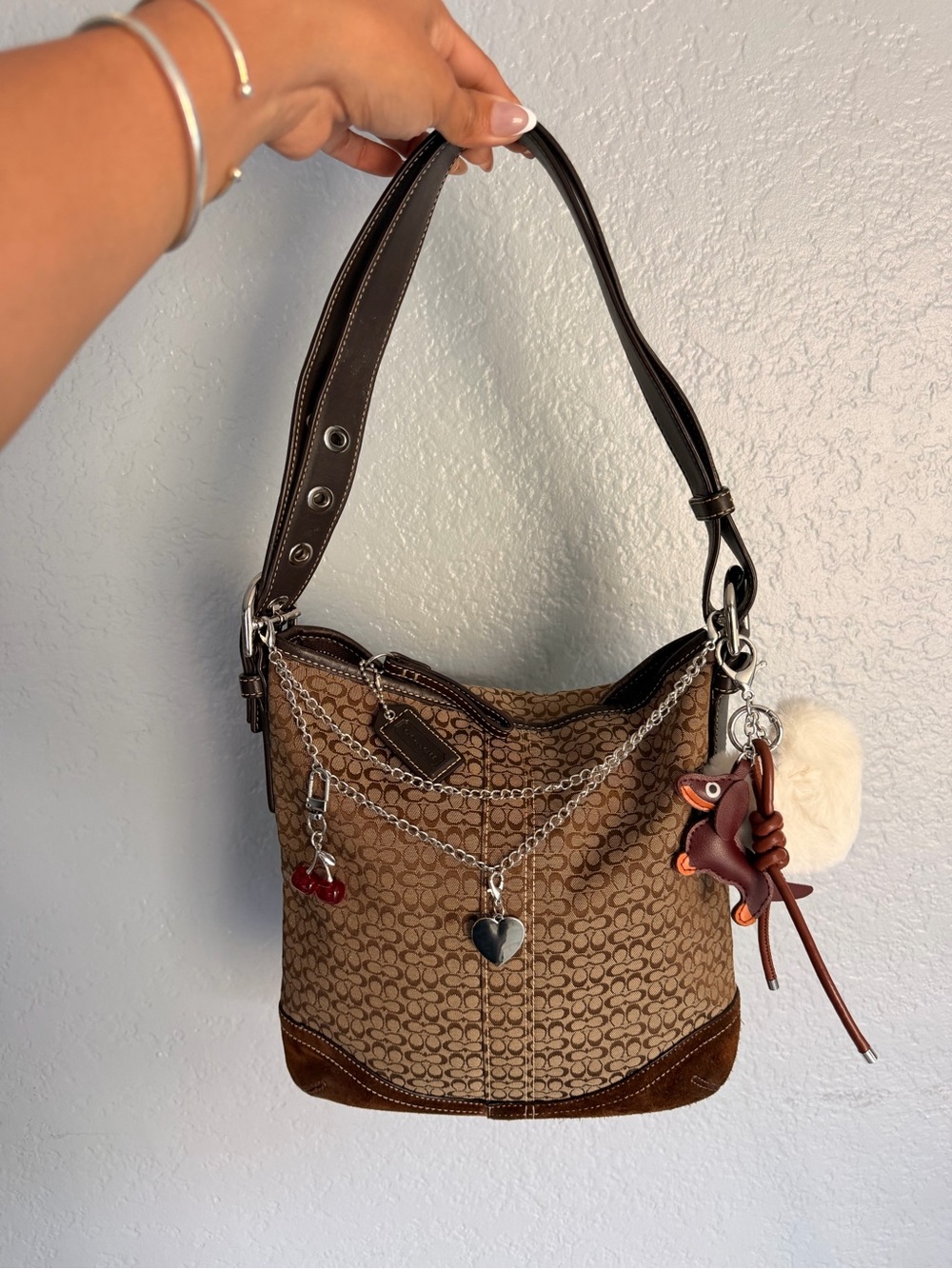 Coach Signature Jacquard Tan Logo Shoulder Suede Y2K Vintage 🍒